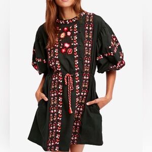 Free People Havana Asymmetrical Embroidered Peasant Dress Dark Green Medium NEW